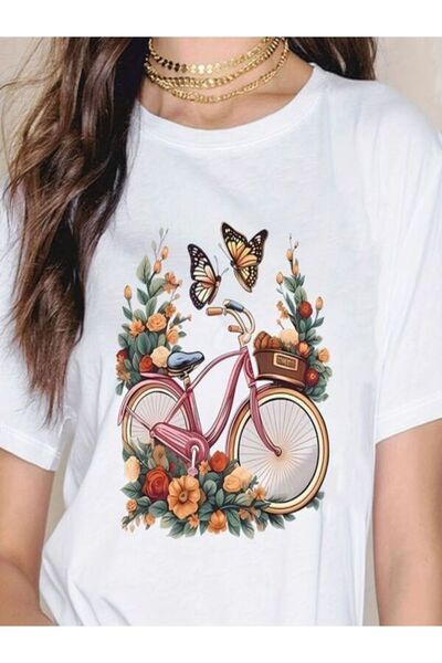 CLASSY.MODA Μπλουζάκι με λευκή στάμπα Oversize - Crew Neck, κοντό μανίκι