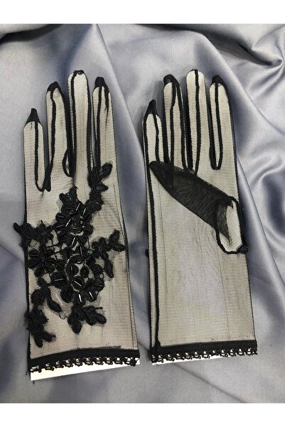 Limelia Mănuși brodate cu mărgele cu model floral negru