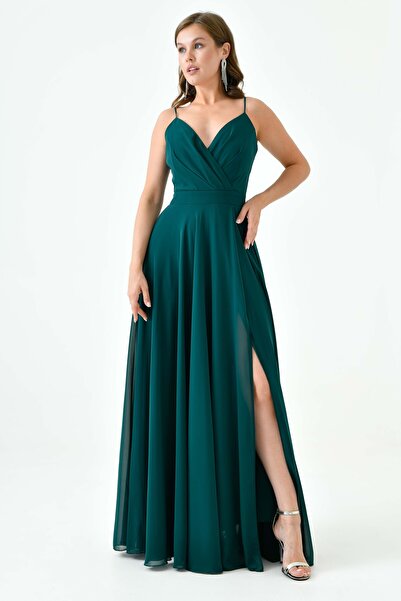 WOMAN VISION فستان طويل أخضر زمردي - شيفون مبطن، أشرطة رفيعة وتفاصيل فتحة 1524