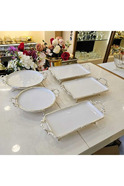 MaviDamla 5 Piece Silver Porcelain Presentation Set with Footed - Cast Edge Detail