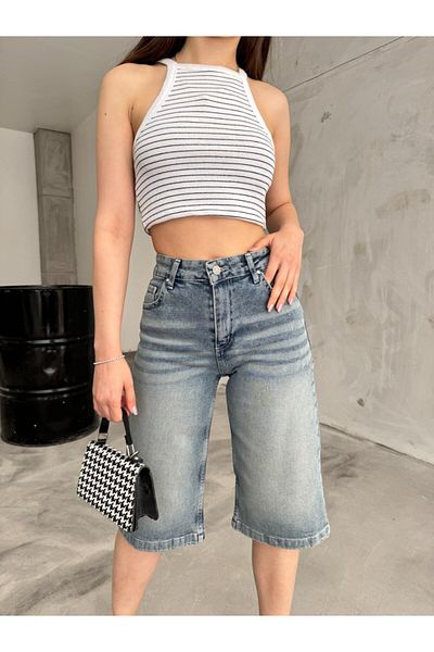 BİKELİFE High Waist Baggy Bermuda Denim Damen Shorts - Unterhalb des Knies