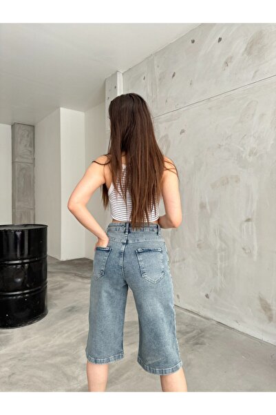 BİKELİFE Pantaloni scurți de damă din denim largi cu talie înaltă - sub genunchi