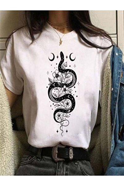 classy moda Μπλουζάκι με λευκή στάμπα Oversize - Crew Neck, κοντό μανίκι