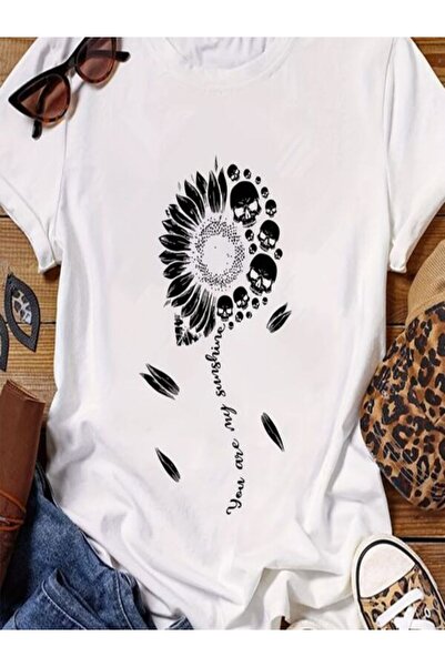 CLASSY.MODA Μπλουζάκι με λευκή στάμπα Oversize - Crew Neck, κοντό μανίκι