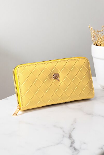 dericom Kadın Kapitone Desen Fermeuarlı Büyük Boy Portföy Sarı Cüzdan Aksesuar