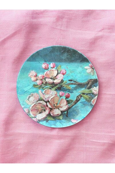 unique florya Sakura Deseni Turkuaz Dekoratif Duvar Tabağı Süsü
