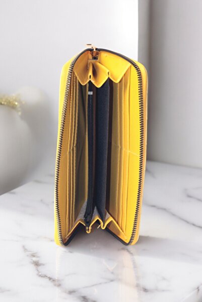 dericom Kadın Kapitone Desen Fermeuarlı Büyük Boy Portföy Sarı Cüzdan Aksesuar