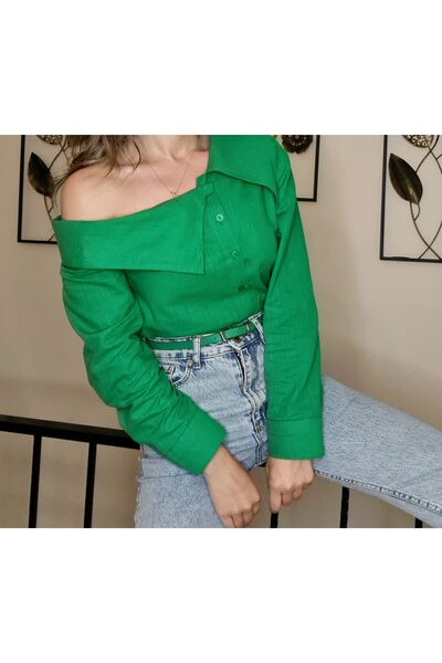 Butik Tasarım Model Yeşil Kayık Yaka Keten Gömlek