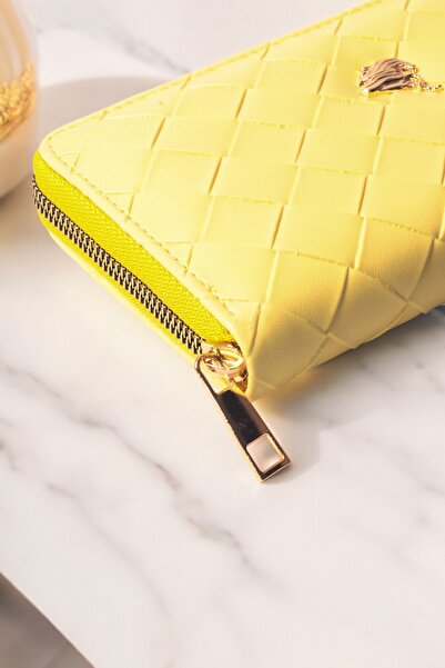 dericom Kadın Kapitone Desen Fermeuarlı Büyük Boy Portföy Sarı Cüzdan Aksesuar