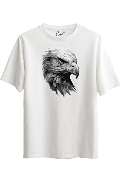 Çapıt %100 Pamuklu Kartal Baskılı Beyaz Kısa Kollu Oversize Tişört