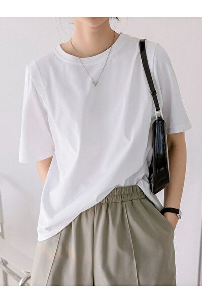 CLASSY.MODA Λευκό μπλουζάκι Oversize Single Jersey - Crew Neck, κοντό μανίκι