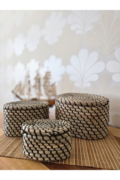 AydınAhşap TBee Design Kapaklı Oval 3'lü Hasır Sepet Seti