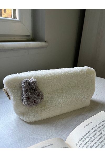 sumicorn Rabbit Plush Washable Zippered Gingham Lined Cloth Pen Holder Pencil Case Wallet Makeup Bag