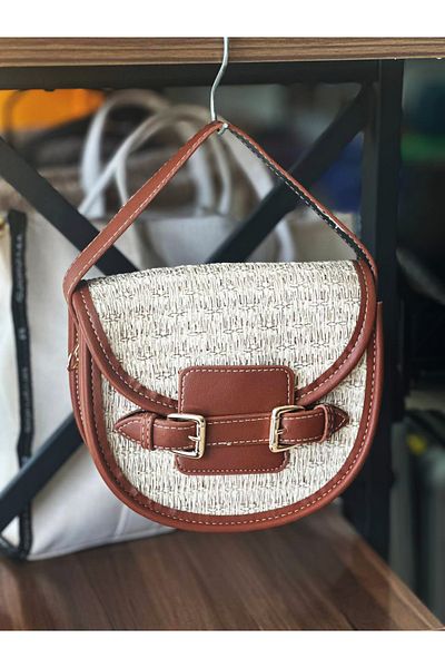 LadyColor Ψάθινη καλοκαιρινή τσάντα 5 θέσεων - Δερμάτινη λεπτομέρεια, Διπλοί ιμάντες, 20*18*6 cm