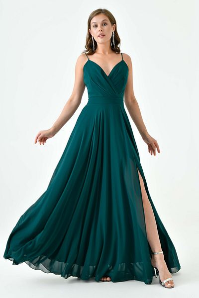 lovebox Emerald Green Maxi Evening Dress - Double Breasted Collar and Slit, Lined Chiffon 1524