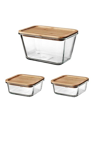 IKEA 3 Parça Bambu Kapaklı Vakumlu Cam Saklama Kabı 1 Adet 1.8 Lt Ve 2 Adet 6...