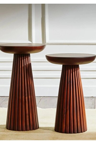 Simillo Home&Living Wood Ahşap 2’li Set Fitilli Mantar Yan Sehpa Modern Ceviz...
