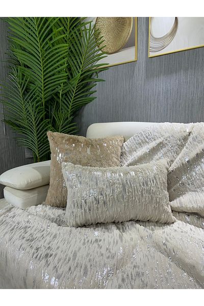 Paris Life Rabbit Patterned Plush Sofa Cover and Shawl - Silver Foil Printed, Cream