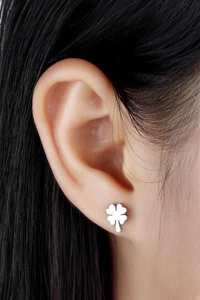 Santalio Dört Yapraklı Yonca Model Gümüş Renk Paslanmaz Çelik Küpe - Mini Yon...