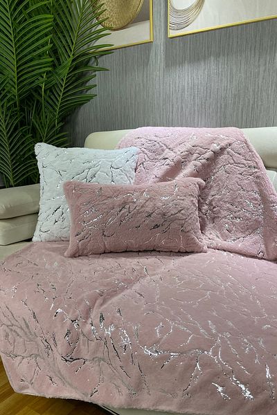 Paris Life Powder Pink Rabbit Plush Silver Foiled Sofa Cover and Shawl