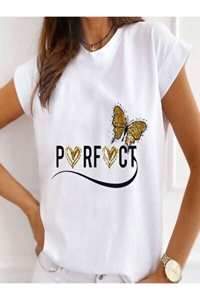 CLASSY.MODA تي شيرت أبيض كبير الحجم مطبوع - رقبة دائرية، كم قصير