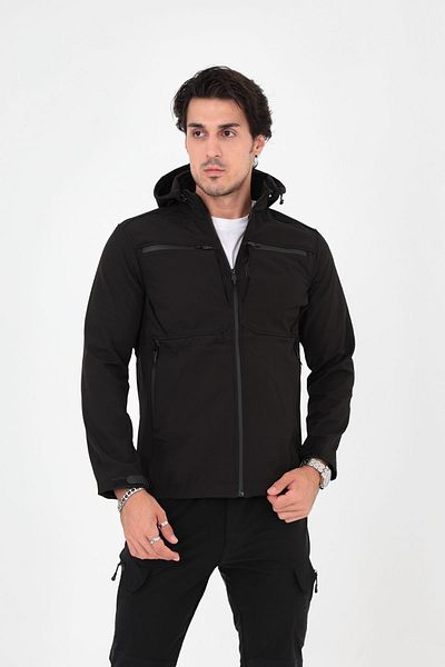 Camp Scoutland Ανδρικό μαύρο τακτικό παλτό Camp456 Outdoor Softshell ανθεκτικό στο νερό και τον άνεμο με φορητή κουκούλα από fleece