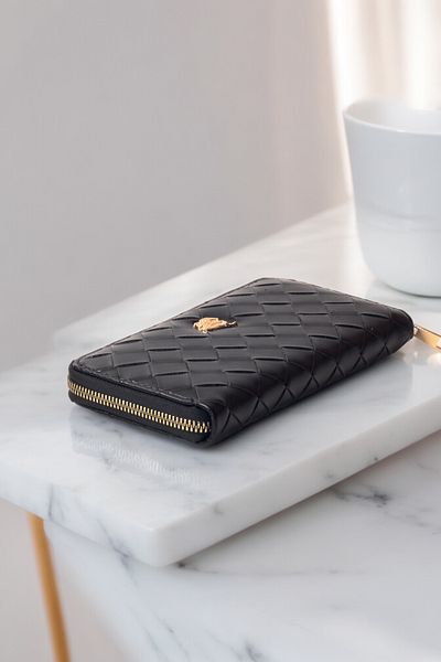 dericom Large Size Quilted Patterned Zippered Black Portfolio - Wallet Accessory