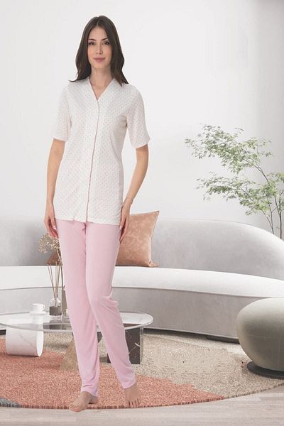 CT MODA Plus Size Polka Dot Pajamas Set - Short Sleeve, Buttoned Front