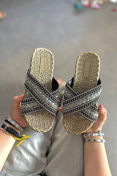 SHOEBELLAS Riri Smoked - Women's Straw Slippers with Cross Stone Detail
