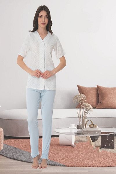 CT MODA Set pijamale cu mâneci lungi cu buline albastre de mărime mare - cu nasturi în față