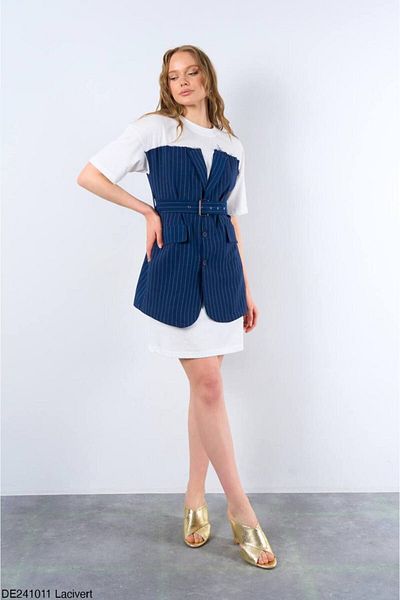 Liora Women's Navy Blue Belted White T-shirt Detailed Design Dress