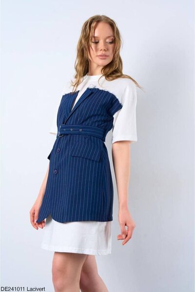 Liora Women's Navy Blue Belted White T-shirt Detailed Design Dress