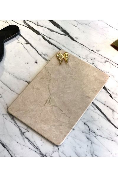 ege gross Decorative Beige Marble Rectangular Gold Angel Wing Detailed Presentation Tray Serving Plate