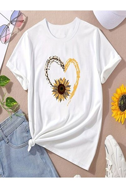 CLASSY.MODA تي شيرت أبيض كبير الحجم مطبوع - رقبة دائرية، كم قصير