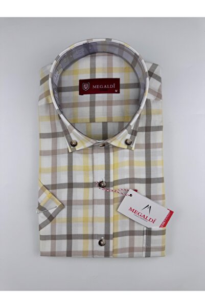 MEGALDİ Erkek Klasik Kesim Sarı Kısa Kollu Kareli Gömlek