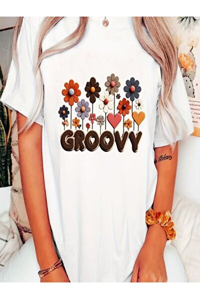 CLASSY.MODA Μπλουζάκι με λευκή στάμπα Oversize - Crew Neck, κοντό μανίκι