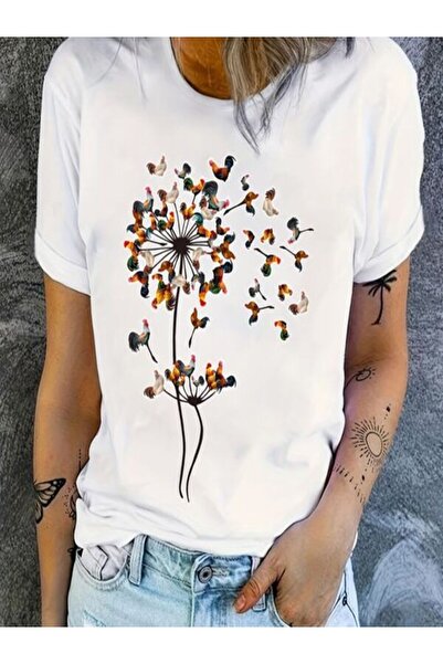 CLASSY.MODA تي شيرت أبيض كبير الحجم مطبوع - رقبة دائرية، كم قصير