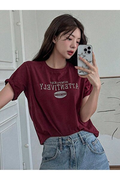 over head oh Bordo crvena Oversize kroj T-shirt - Najjednostavniji Štampano ž...