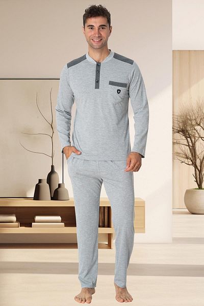 CT MODA Σετ ανδρικές πιτζάμες μεγάλου μεγέθους γκρι βαμβακερές - μακρύ μανίκι με κουμπί μπροστά