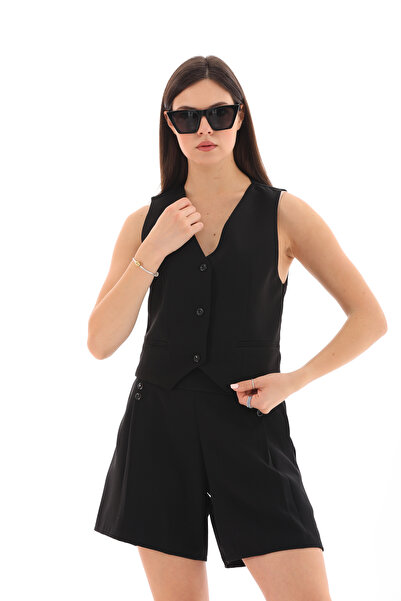 Moda Tuğram Black Vest and Shorts Set - Buttoned