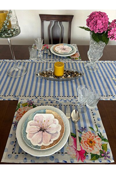 Lilies Atelier Mackenzie Childs Model Kır Çiçekleri Mavi Keten Runner Ve Amer...