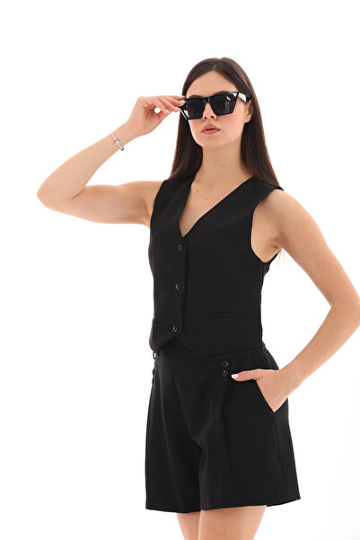 Moda Tuğram Black Vest and Shorts Set - Buttoned