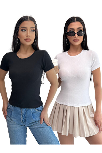 Chicup بلوزة محبوكة باللونين الأبيض والأسود - عبوة من قطعتين، رقبة دائرية