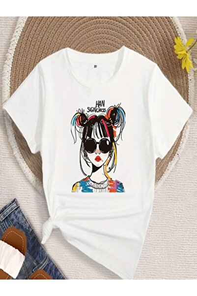 CLASSY.MODA Μπλουζάκι με λευκή στάμπα Oversize - Crew Neck, κοντό μανίκι