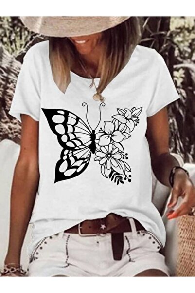 CLASSY.MODA تي شيرت أبيض كبير الحجم مطبوع - رقبة دائرية، كم قصير