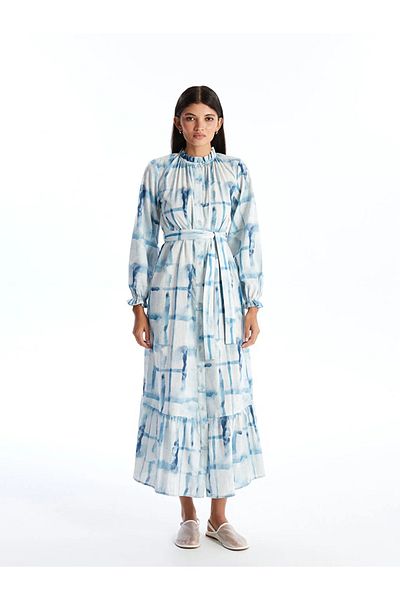 LC Waikiki Women's Stand Collar Long Sleeve Patterned Shirt Dress - LCW Modest WAIKINAİ