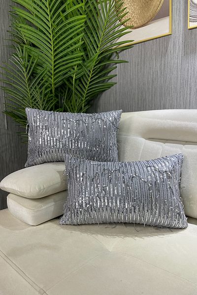 Paris Life Silver Color Tasseled Sequin Throw Pillow