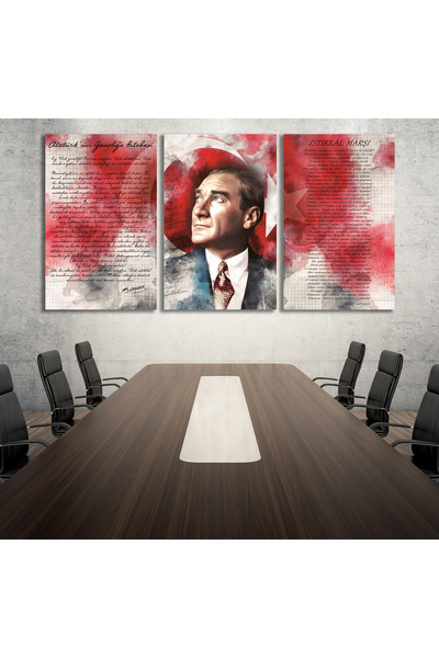 duvarsanatı Atatürk İstiklal Marşı ve Gençliğe Hitabe Üçlü Set Cam Tablo, Modern Ofis Hediyelik Büyük Tablo