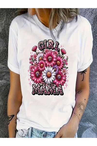 CLASSY.MODA تي شيرت أبيض كبير الحجم مطبوع - رقبة دائرية، كم قصير