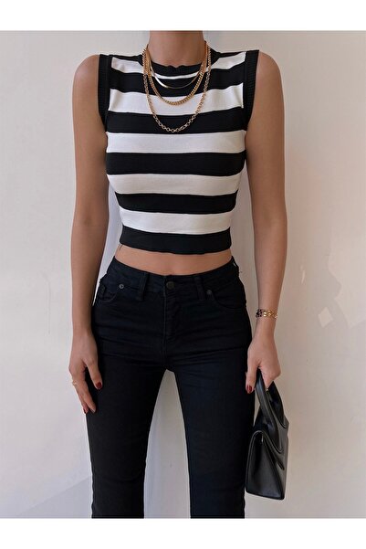 Jose Clothing Bluză de tricotaj de damă, neagră, albă, cu mâneci zero, cu dec...